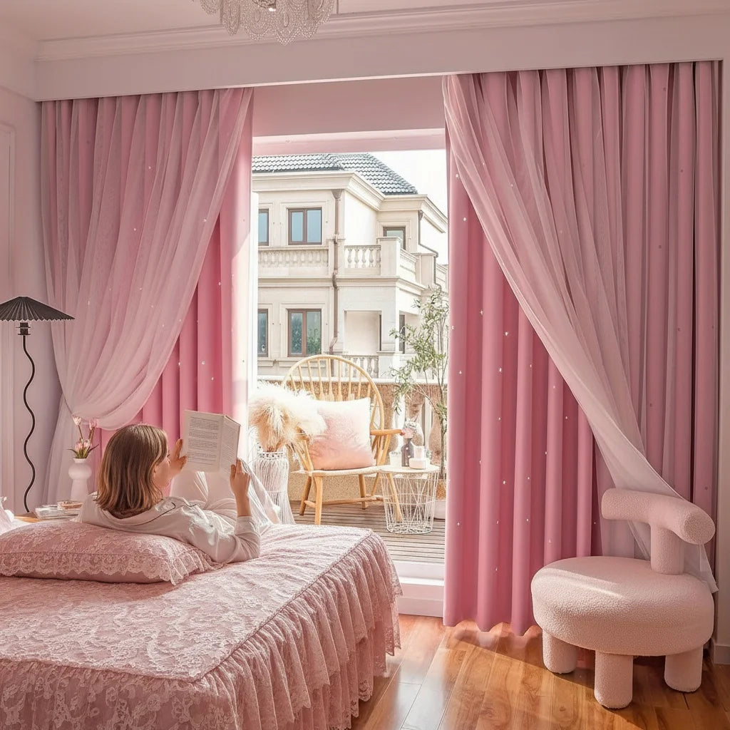 2 Panel Pink Tulle Blackout Curtains 39.3x78.7in