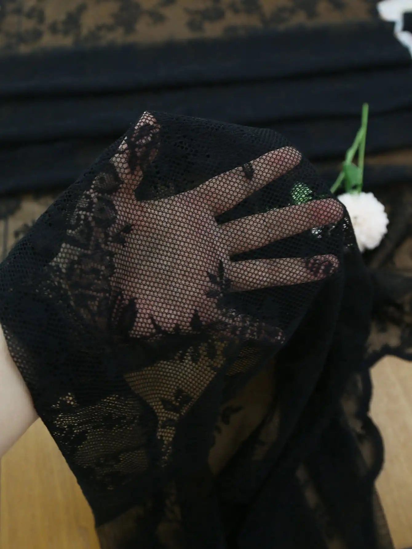 BLACK Floral Lace Sheer Rod